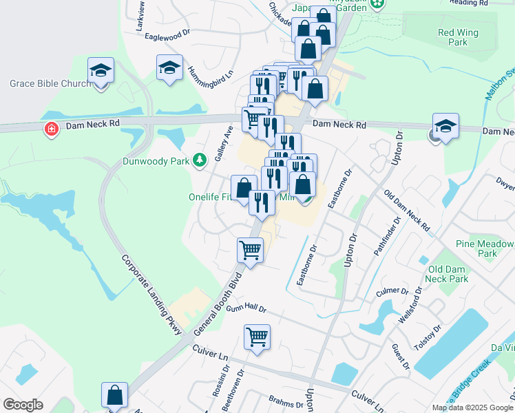 map of restaurants, bars, coffee shops, grocery stores, and more near 1100 Barham Court in Virginia Beach