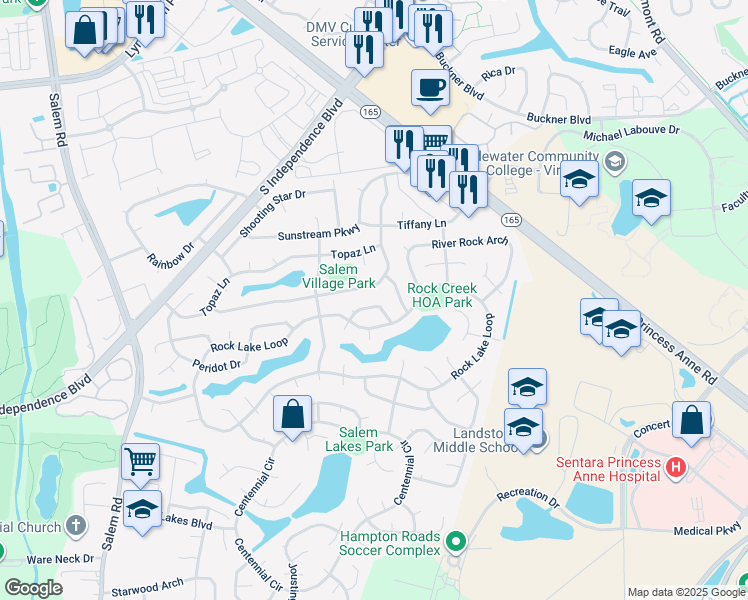 map of restaurants, bars, coffee shops, grocery stores, and more near 2032 Rippling Rock Drive in Virginia Beach