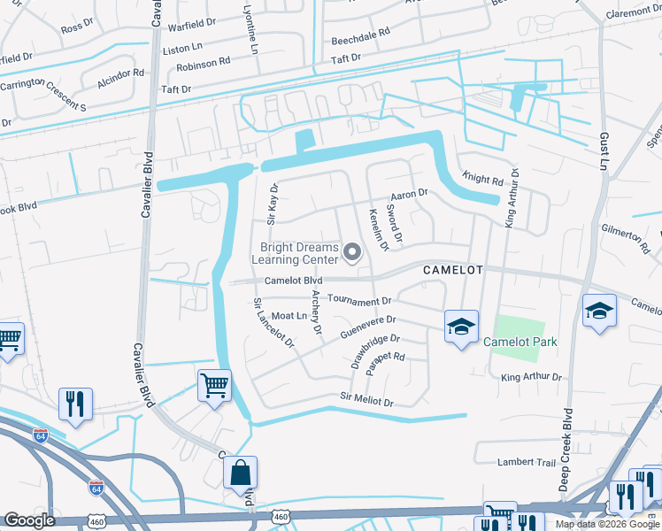 map of restaurants, bars, coffee shops, grocery stores, and more near 3112 Camelot Boulevard in Chesapeake