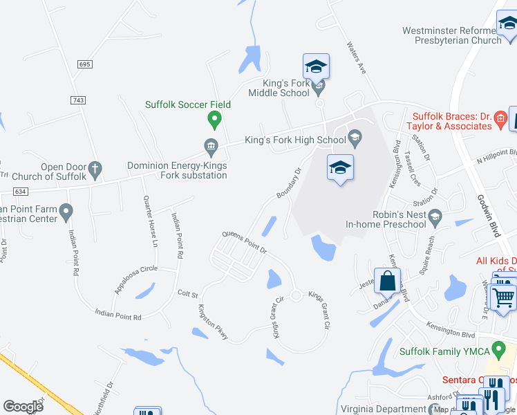 map of restaurants, bars, coffee shops, grocery stores, and more near 1038 Boundary Drive in Suffolk