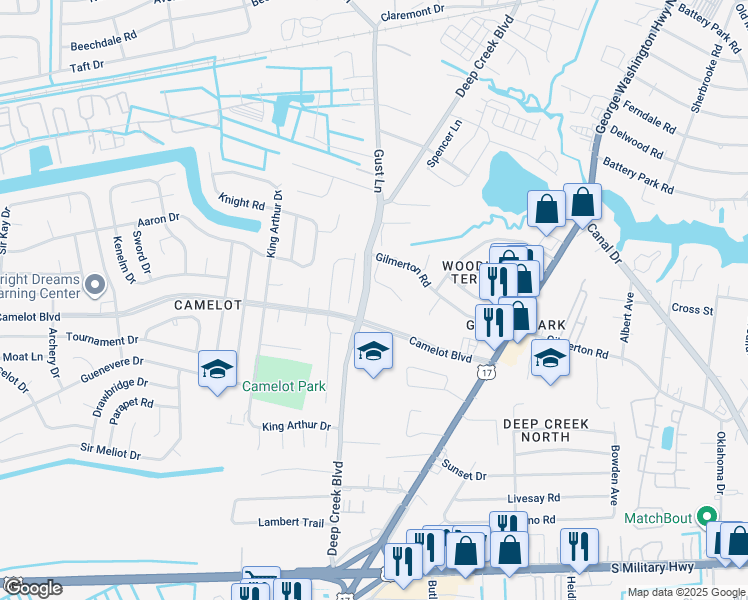 map of restaurants, bars, coffee shops, grocery stores, and more near 1121 Deep Creek Boulevard in Chesapeake