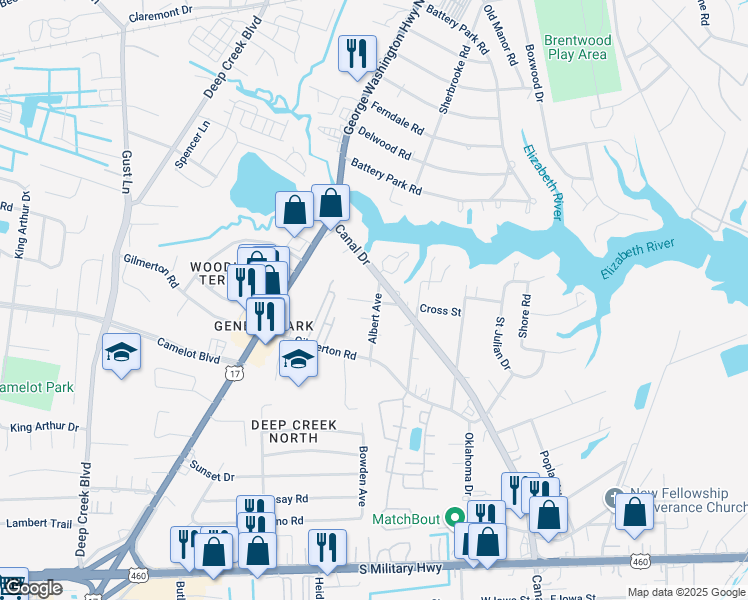 map of restaurants, bars, coffee shops, grocery stores, and more near 2400 Cross Street in Chesapeake