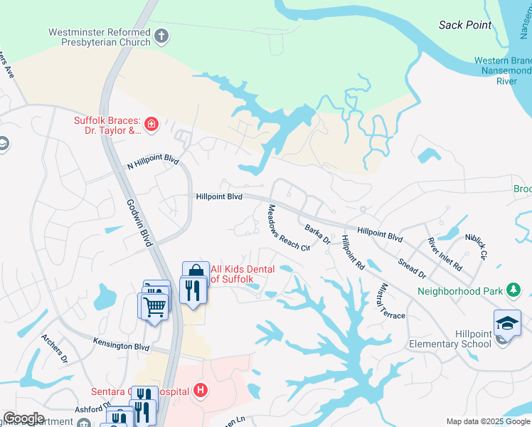 map of restaurants, bars, coffee shops, grocery stores, and more near 1004 Meadows Reach Circle in Suffolk