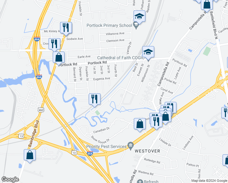 map of restaurants, bars, coffee shops, grocery stores, and more near 963 Railroad Avenue in Chesapeake