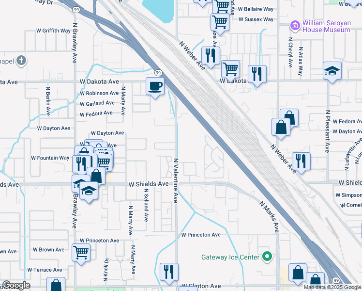 map of restaurants, bars, coffee shops, grocery stores, and more near 3114 North Valentine Avenue in Fresno