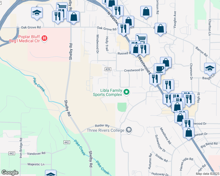 map of restaurants, bars, coffee shops, grocery stores, and more near 2592 Hickman Road in Poplar Bluff