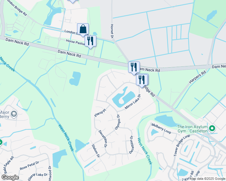 map of restaurants, bars, coffee shops, grocery stores, and more near 1708 Mirror Lake Court in Virginia Beach
