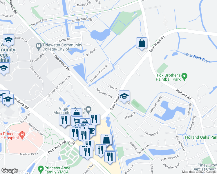 map of restaurants, bars, coffee shops, grocery stores, and more near 1729 Eleni Court in Virginia Beach