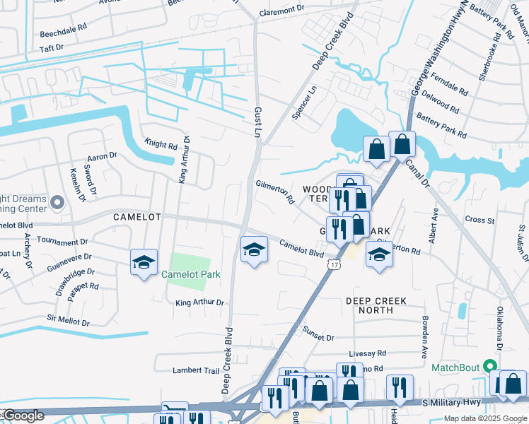 map of restaurants, bars, coffee shops, grocery stores, and more near 2701 Spinners Way in Chesapeake