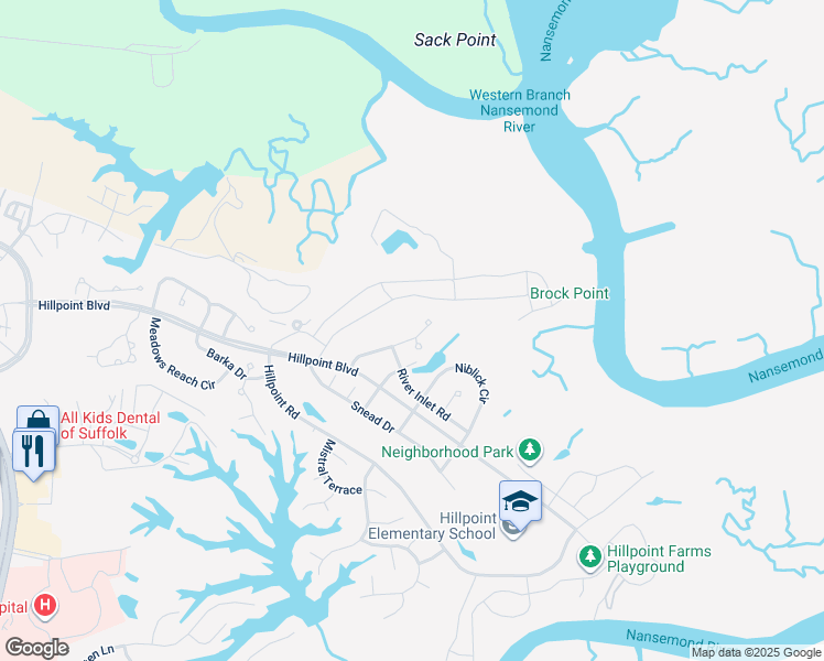 map of restaurants, bars, coffee shops, grocery stores, and more near 123 Birdie Drive in Suffolk