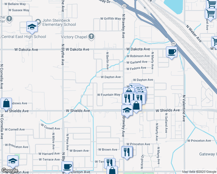 map of restaurants, bars, coffee shops, grocery stores, and more near 4113 West Cortland Avenue in Fresno