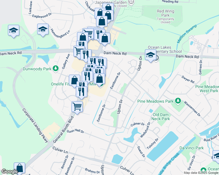 map of restaurants, bars, coffee shops, grocery stores, and more near 1757 Eastborne Drive in Virginia Beach
