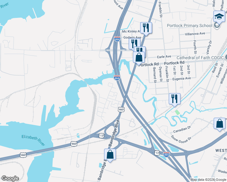 map of restaurants, bars, coffee shops, grocery stores, and more near 623 Muddy Creek Road in Chesapeake
