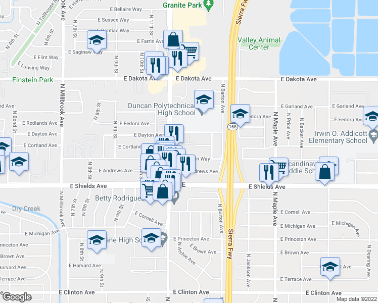 map of restaurants, bars, coffee shops, grocery stores, and more near 4333 East Fountain Way in Fresno