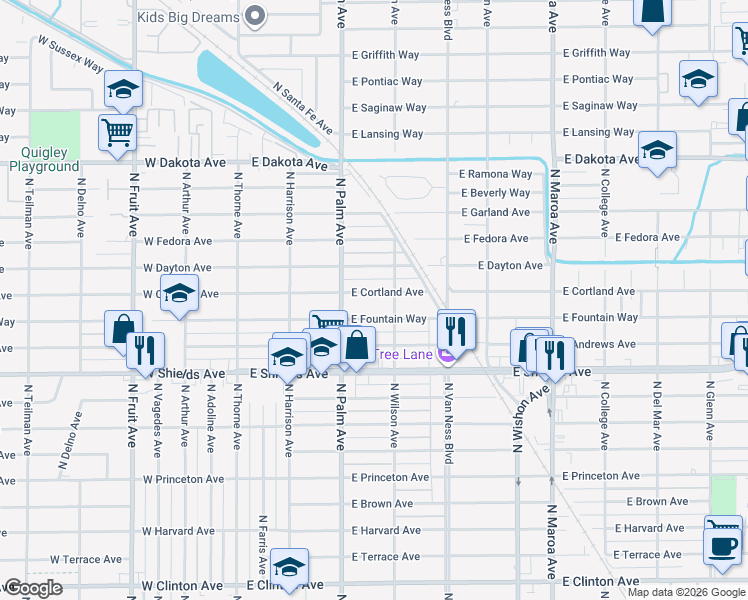 map of restaurants, bars, coffee shops, grocery stores, and more near 449 East Fountain Way in Fresno