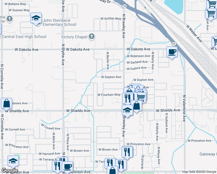 map of restaurants, bars, coffee shops, grocery stores, and more near 4113 West Cortland Avenue in Fresno