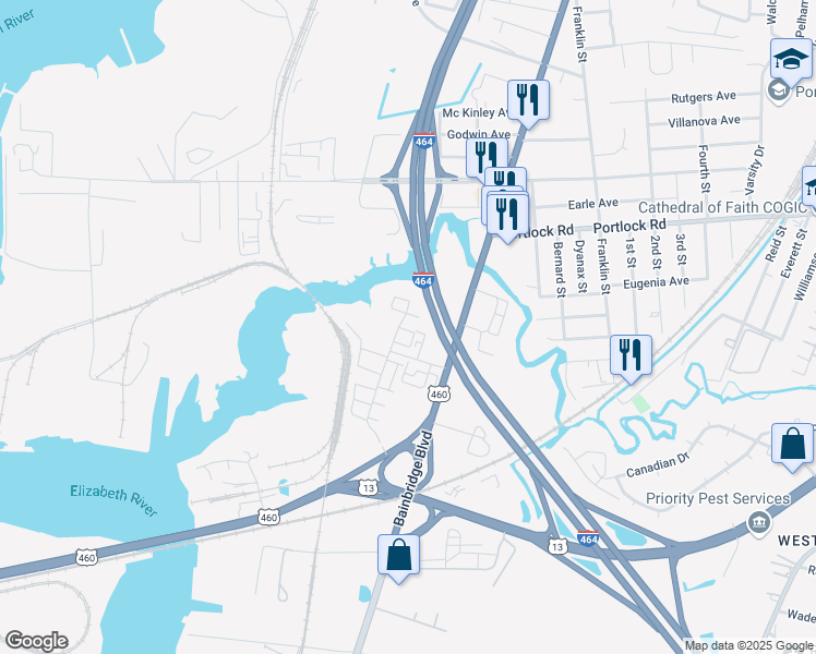 map of restaurants, bars, coffee shops, grocery stores, and more near 623 Muddy Creek Road in Chesapeake