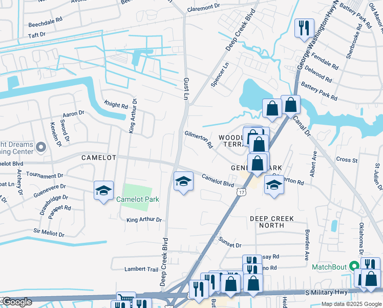 map of restaurants, bars, coffee shops, grocery stores, and more near 2701 Spinners Way in Chesapeake