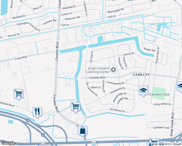 map of restaurants, bars, coffee shops, grocery stores, and more near 3220 Camelot Boulevard in Chesapeake