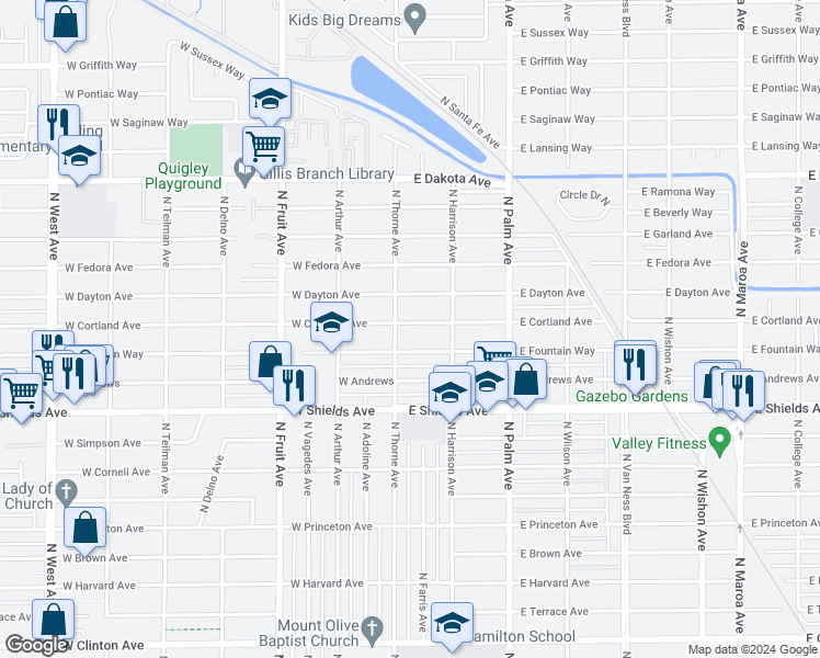 map of restaurants, bars, coffee shops, grocery stores, and more near 26 East Cortland Avenue in Fresno
