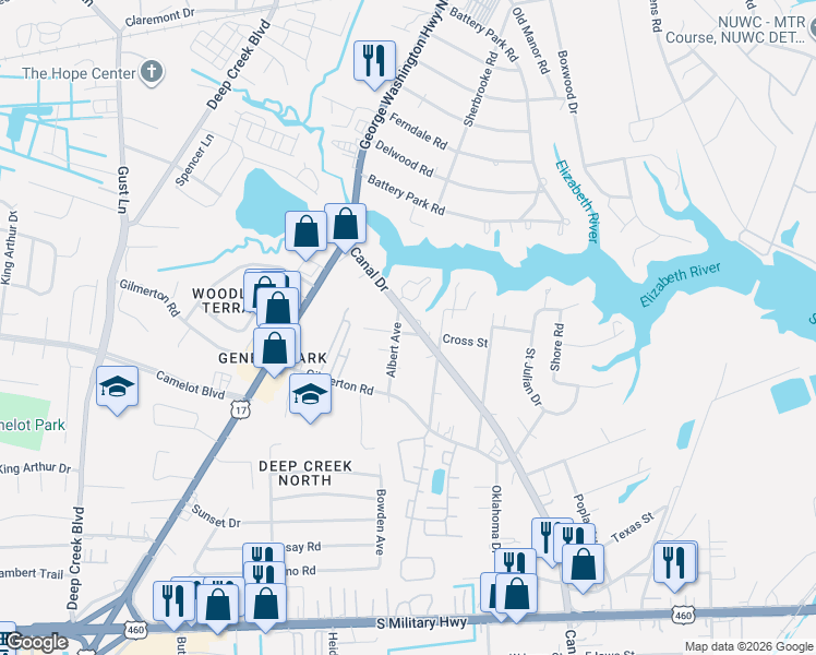 map of restaurants, bars, coffee shops, grocery stores, and more near 2315 Cross Street in Chesapeake