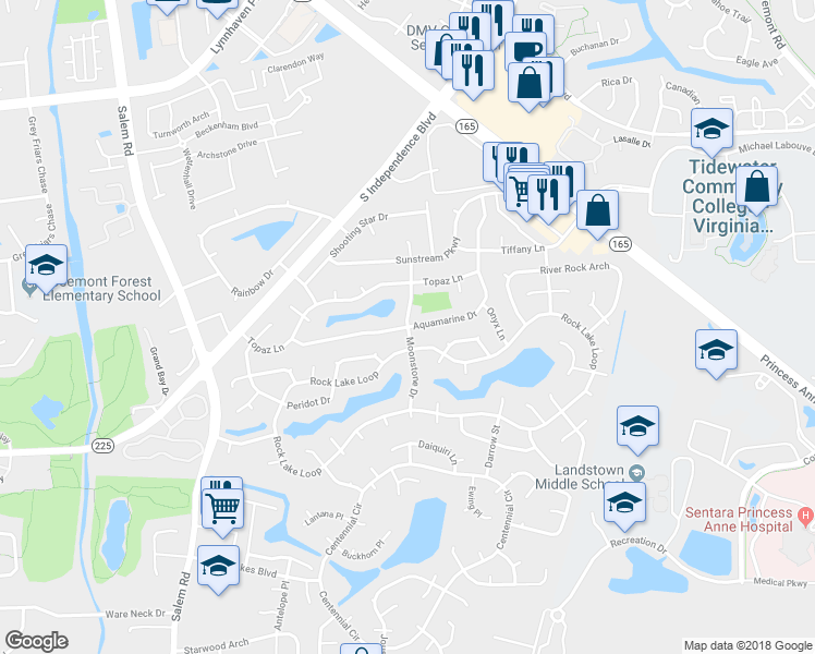 map of restaurants, bars, coffee shops, grocery stores, and more near 1731 Moonstone Drive in Virginia Beach
