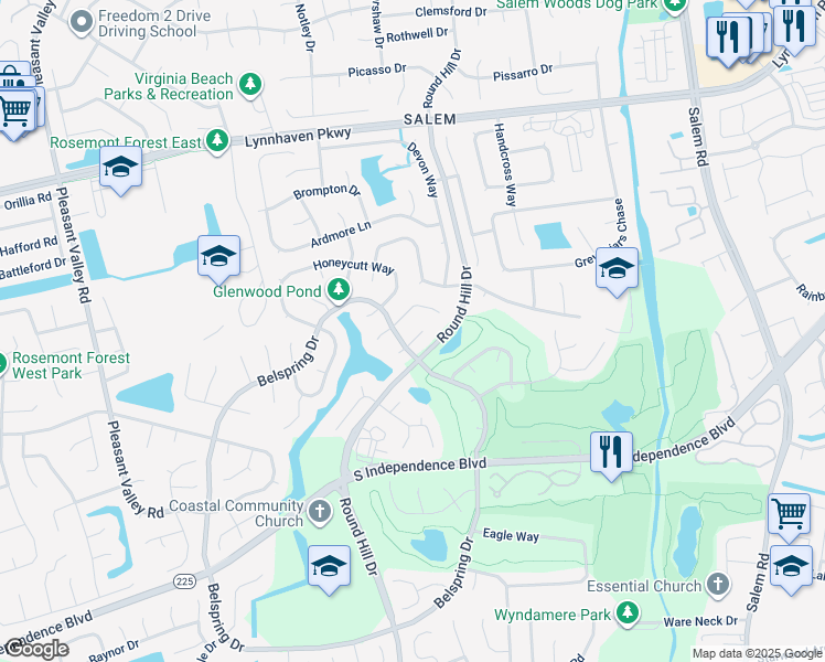 map of restaurants, bars, coffee shops, grocery stores, and more near 988 Blanding Court in Virginia Beach