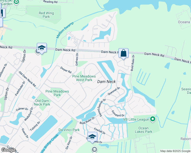 map of restaurants, bars, coffee shops, grocery stores, and more near 1544 Bunsen Drive in Virginia Beach