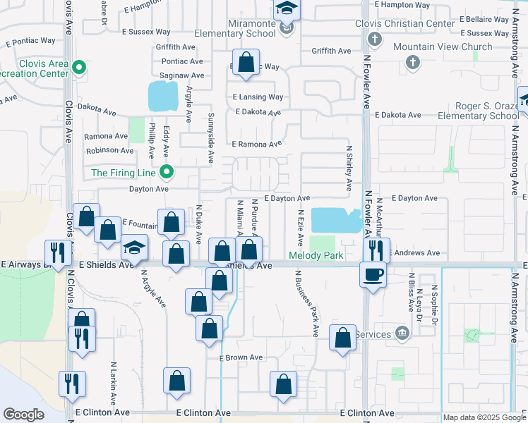 map of restaurants, bars, coffee shops, grocery stores, and more near 3509 North Fordham Avenue in Fresno