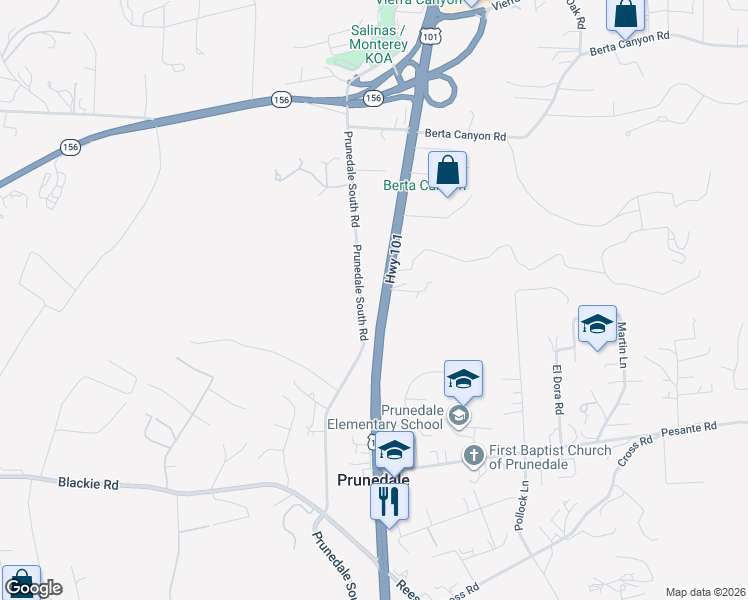 map of restaurants, bars, coffee shops, grocery stores, and more near 9345 Prunedale South Road in Salinas