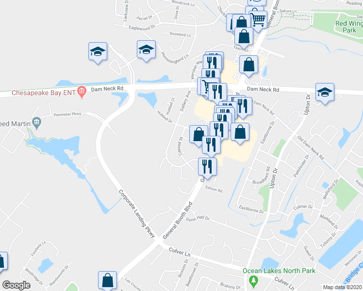 map of restaurants, bars, coffee shops, grocery stores, and more near 1632 Cassell Street in Virginia Beach