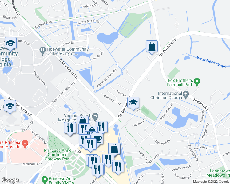 map of restaurants, bars, coffee shops, grocery stores, and more near 1725 Eleni Court in Virginia Beach