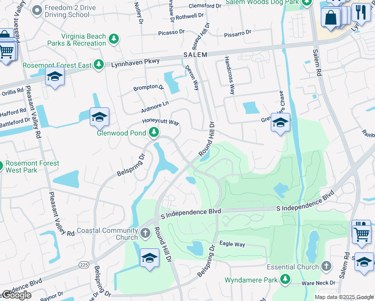 map of restaurants, bars, coffee shops, grocery stores, and more near 988 Blanding Court in Virginia Beach
