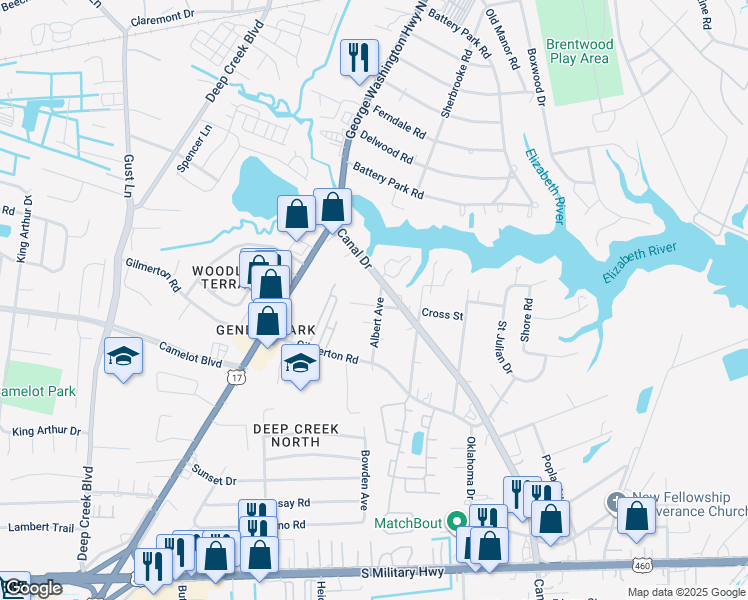 map of restaurants, bars, coffee shops, grocery stores, and more near 2400 Cross Street in Chesapeake
