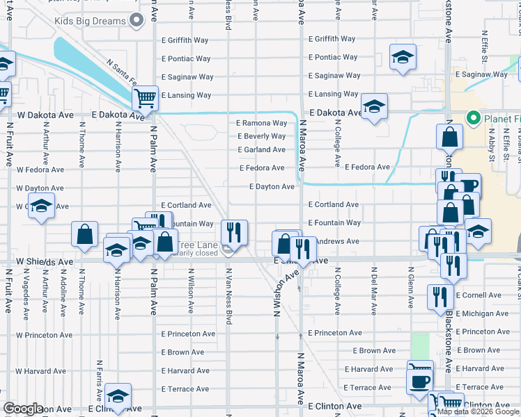 map of restaurants, bars, coffee shops, grocery stores, and more near 711 East Fountain Way in Fresno