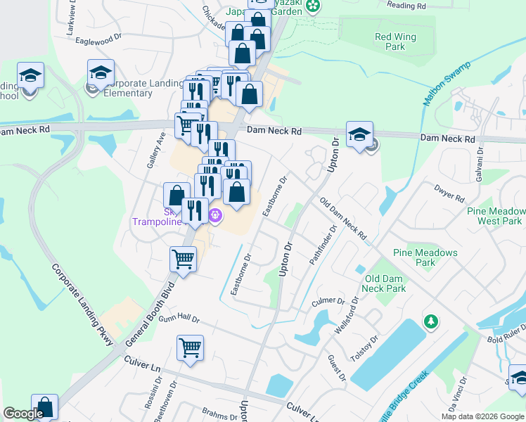map of restaurants, bars, coffee shops, grocery stores, and more near 1161 Crossway Road in Virginia Beach
