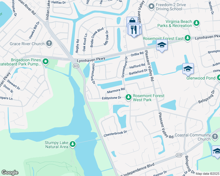 map of restaurants, bars, coffee shops, grocery stores, and more near 1444 Marmora Road in Virginia Beach