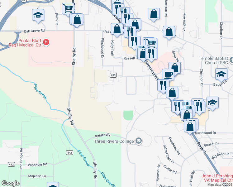 map of restaurants, bars, coffee shops, grocery stores, and more near 2600 Hickman Road in Poplar Bluff