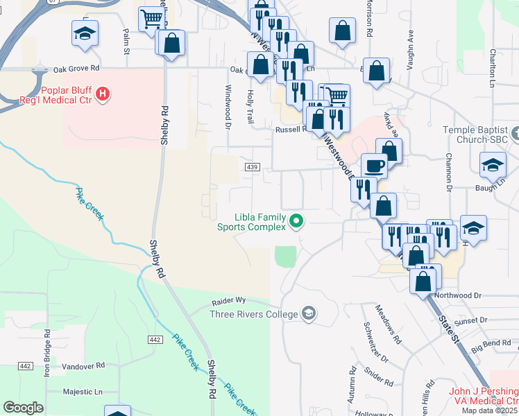 map of restaurants, bars, coffee shops, grocery stores, and more near 2602 Hickman Road in Poplar Bluff