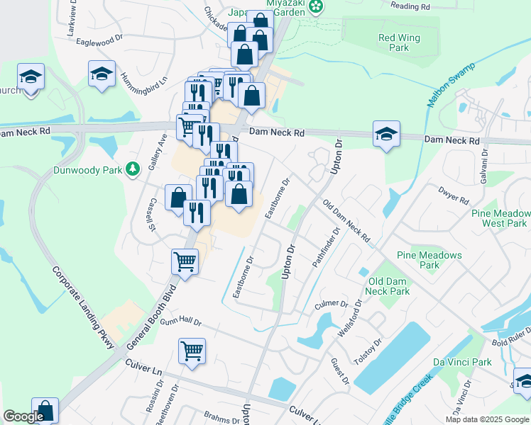 map of restaurants, bars, coffee shops, grocery stores, and more near 1161 Crossway Road in Virginia Beach