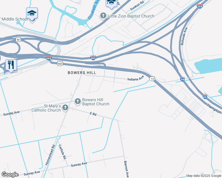 map of restaurants, bars, coffee shops, grocery stores, and more near 505 Raeside Avenue in Chesapeake