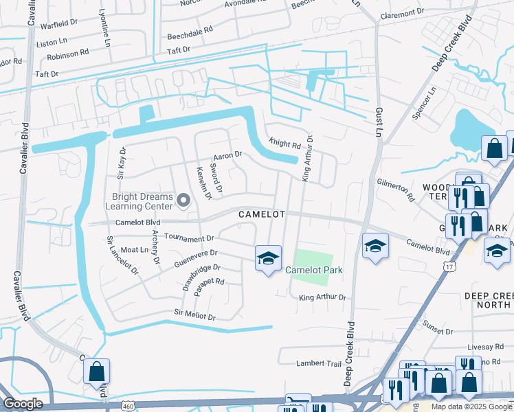 map of restaurants, bars, coffee shops, grocery stores, and more near 3012 Camelot Boulevard in Chesapeake