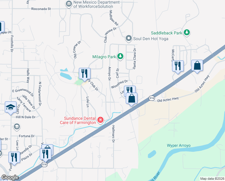 map of restaurants, bars, coffee shops, grocery stores, and more near 5702 Arroyo Drive in Farmington