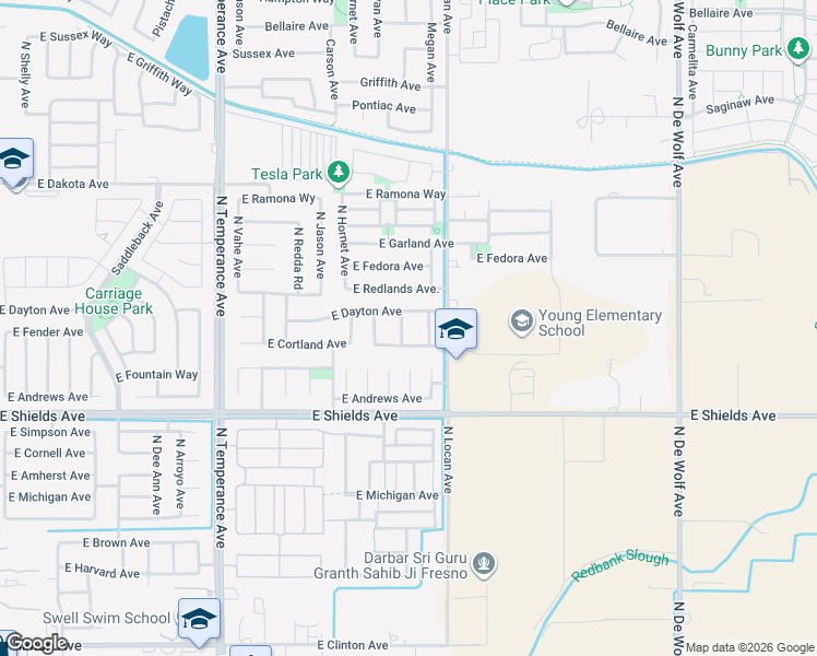 map of restaurants, bars, coffee shops, grocery stores, and more near 7457 East Cortland Avenue in Fresno