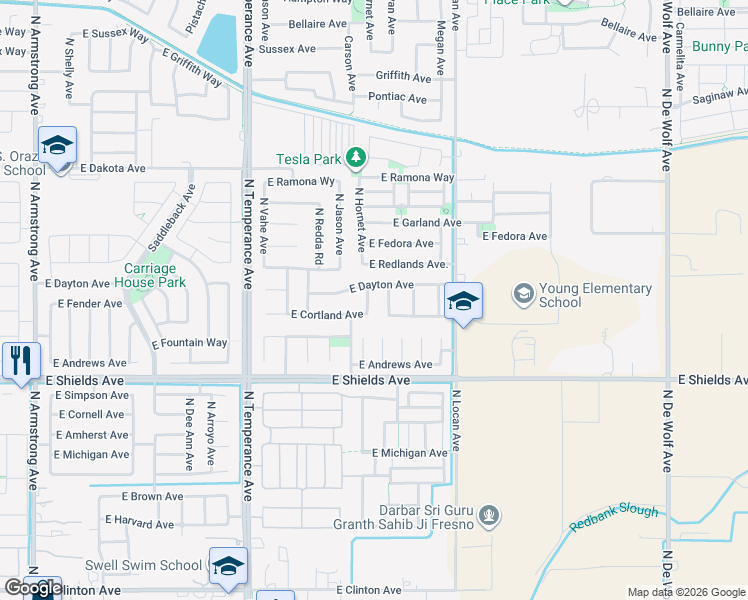 map of restaurants, bars, coffee shops, grocery stores, and more near 3115 North Schneider Avenue in Fresno