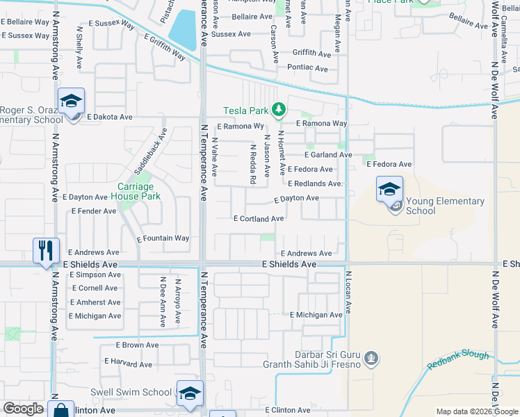 map of restaurants, bars, coffee shops, grocery stores, and more near 7185 East Cortland Avenue in Fresno