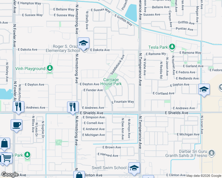 map of restaurants, bars, coffee shops, grocery stores, and more near 3145 North Bridle Avenue in Fresno