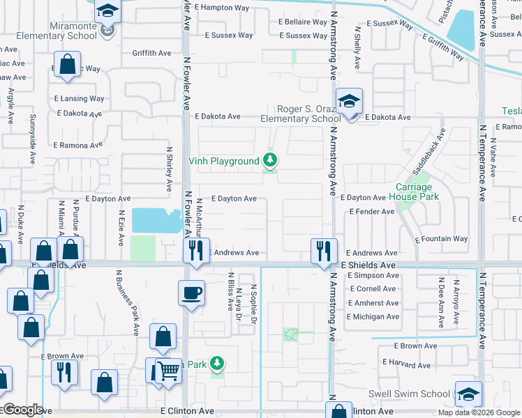 map of restaurants, bars, coffee shops, grocery stores, and more near 6233 East Cortland Avenue in Fresno