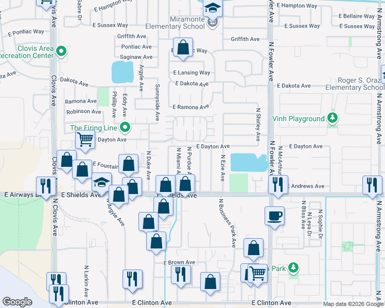 map of restaurants, bars, coffee shops, grocery stores, and more near 3418 North Fordham Avenue in Fresno