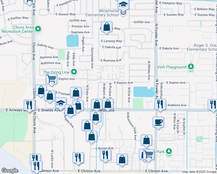 map of restaurants, bars, coffee shops, grocery stores, and more near 3416 North Miami Avenue in Fresno